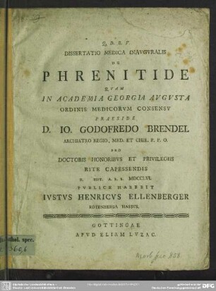 Dissertatio Medica Inauguralis De Phrenitide