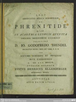 Dissertatio Medica Inauguralis De Phrenitide