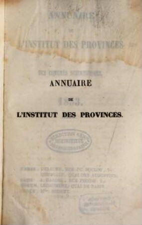 Annuaire de l'Institut des Provinces, des sociétés savantes et des congrès scientifiques. 1853