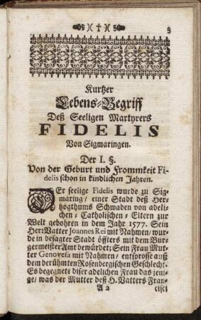 Kurtzer Lebens-Begriff Deß Seeligen Martyrers Fidelis Von Sigmaringen.