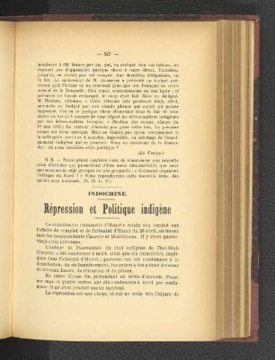 Indochine. Répression et Politique indigène.