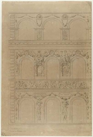 Sgraffito-Dekorationen am Wohn- und Geschäftshaus des Apothekers Wilhelm Semper, Hamburg. Linke Fassadenhälfte, 2.-4. Obergeschoss
