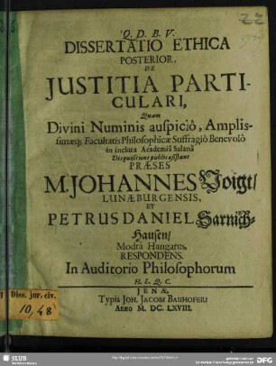 2: Dissertatio ethica ... De justitia particulari