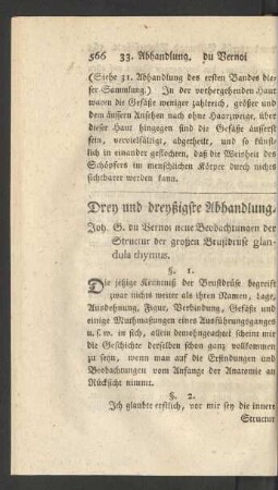 Drey und dreyßigste Abhandlung. Joh. G. du Vernoi neue Beobachtungen der Structur der großen Brustdrüse glandula thymus.