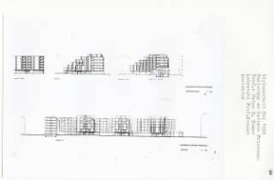 Sanierung am Rathaus Friedenau, Berlin-Friedenau (Diplomarbeit bei Willy Kreuer): Ansichten von Süden, Osten und Schnitte 1:200