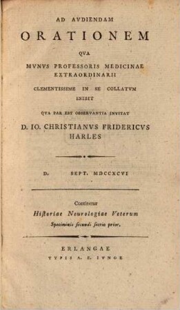 Oratio, historiae neurologiae Veterum speciminis secundi sectionem priorem continens