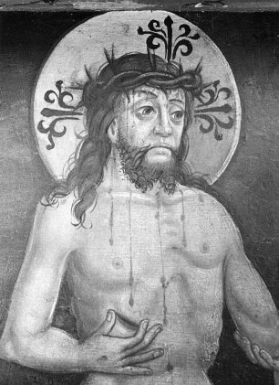 Predella mit Schmerzensmann : Flügelaltar. Predella mit Schmerzensmann. Holz, bemalt (polychrom), gefasst (polychrom) (um 1510). Hermagor-Pressegger See, Pfarrkirche Sankt Hermagoras und Fortunat