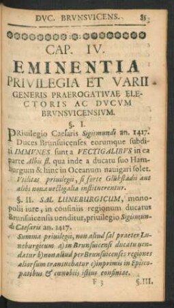 Cap. IV. Eminentia Privilegia Et Varii Generis Praerogativae Electoris Ac Ducum Brunsvicensium.