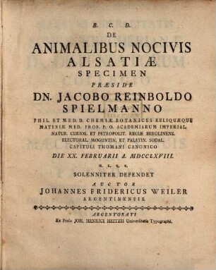 De Animalibus Nocivis Alsatiae Specimen