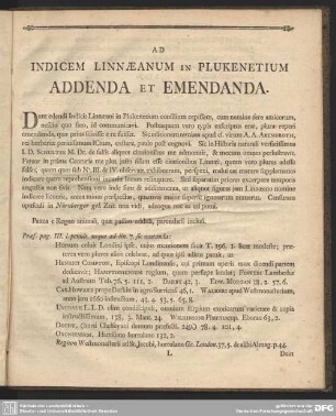 Ad Indicem Linnaeanum In Plukenetium Addenda Et Emendanda
