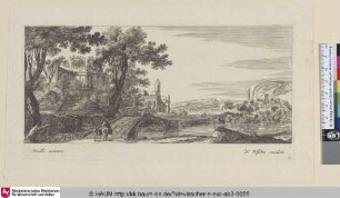 [Steinbrücke über einem Fluss, eine Villa links; A stone-bridge over a river, a villa on the left]