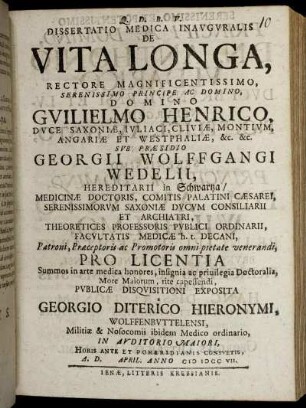 Dissertatio Medica Inauguralis De Vita Longa