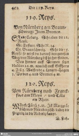 120. Reys. Von Nürnberg nach Franckfurt am Meyn, und Cöln am Rhein