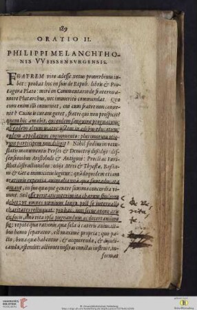 Oratio II: Phillipi Melanchthonis VVeissenbvrgensis