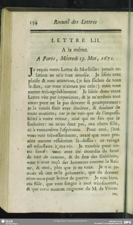 Lettre LII. A la même. A Paris, Mécredi 13. Mai, 1671