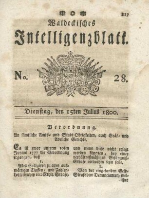 No. 28, Dienstag, den 15ten Julius 1800