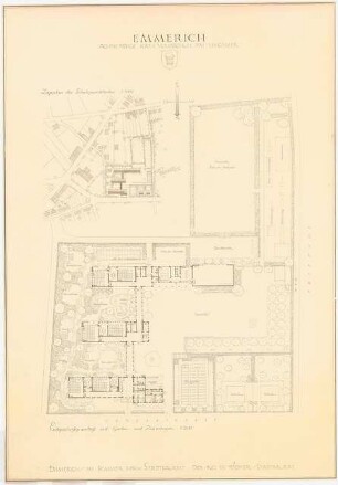 Leegmeerschule / achtklassige katholische Volksschule, Emmerich: Lageplan 1:1000, Erdgeschossgrundriss mit Garten- und Freianlagen 1:200