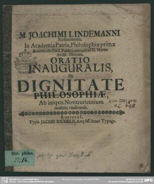 Oratio inauguralis de dignitate philosophiae ab iniquis novaturientium censuris vindicanda