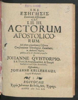Ex¯eg¯esis Locorum difficilium Cap. I. II. III. Actorum Apostolicorum