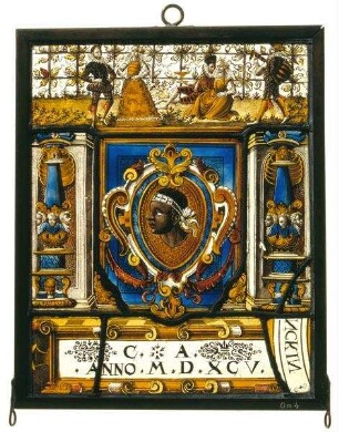 Wappenscheibe mit einem Mohrenkopf in einer Kartusche, flankiert von Säulen, im Oberlicht eine Liebesgarten-Szene. Pendant zu Gm.148