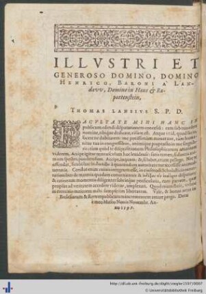 Widmung von Thomas Lansius.