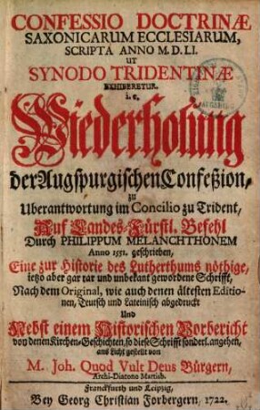 Confessio doctrinae Saxonicarum ecclesiarum : scripta anno 1551, ut synodo Trident. exhiberetur, i.e. Wiederholung der Augspurg. Confession ...