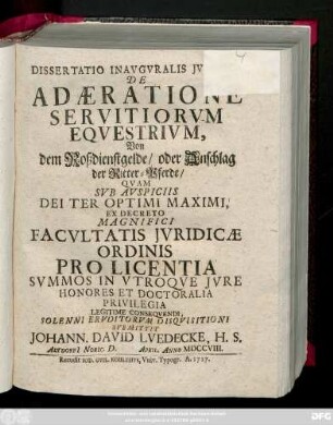 Dissertatio Inavgvralis Jvridica De Adæratione Servitiorvm Eqvestrivm