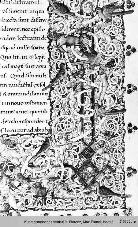 Hieronymus: Epistel : Folio mit Randbordüre, eingeschlossenen Szenen aus dem Leben des Heiligen Hieronymus sowie Prophetenköpfen, Text und historisierte Initiale D mit dem büßenden Hieronymus