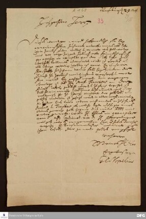 Brief von Georg Christoph Vopelius an Heinrich Julius Elers.