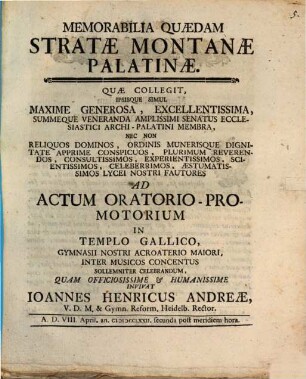 Memorabilia Quaedam Stratae Montanae Palatinae