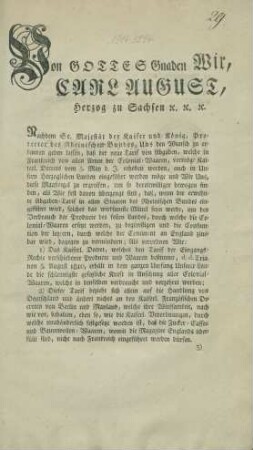 Von GOTTES Gnaden Wir, CARL AUGUST, Herzog zu Sachsen etc.