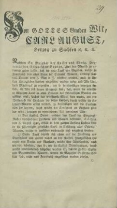 Von GOTTES Gnaden Wir, CARL AUGUST, Herzog zu Sachsen etc.