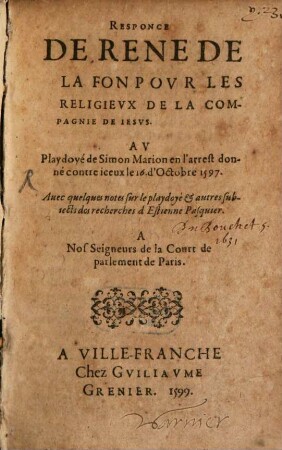 Responce ... pour les Religieux de la Compagnie de Jesus