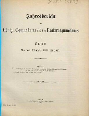 Jahresbericht des Königlichen Gymnasiums und des Realprogymnasiums zu Hamm : über das Schuljahr. 1886/87