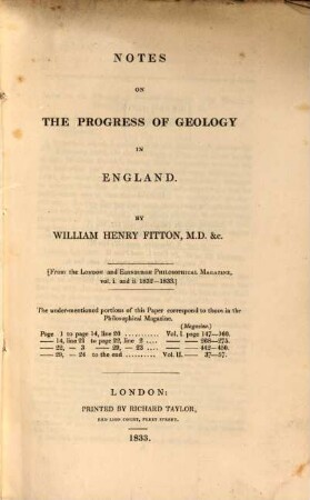 Notes on the progress of Geology in England