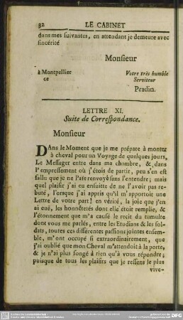 Lettre XI. Suite de Correspondance