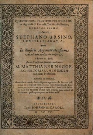 Quaestionum, Praecipue Politicarum, ex Agricolâ C Cornelij Taciti collectarum, Dodecas Prima