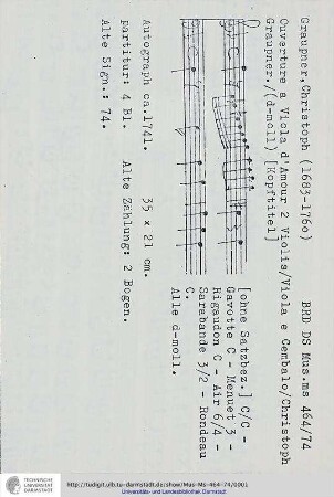 Ouverture a Viola d'Amour 2 Violin / Viola e Cembalo / Christoph Graupner.