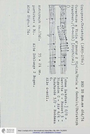 Ouverture a Viola d'Amour 2 Violin / Viola e Cembalo / Christoph Graupner.