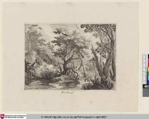 [Uferlandschaft mit einem Bach und Menschen und Häusern im Hintergrund]