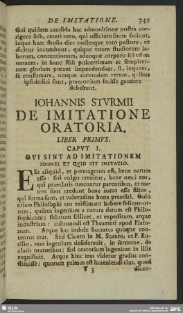 Iohannis Sturmii De Imitatione Oratoria. Liber Primus