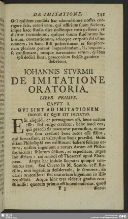 Iohannis Sturmii De Imitatione Oratoria. Liber Primus