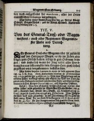 Tit. V. Von des General-Troß- oder Wagenmeisters/ auch aller Regiments-Wagenmeister Ambt und Verrichtung.