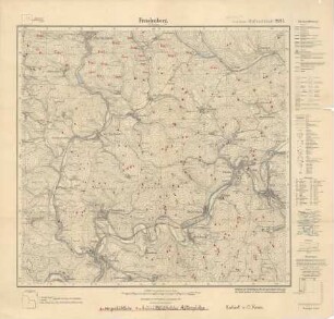 Messtischblatt Nr. 2977 zu Freudenberg mit farbigen Einzeichnungen zu vorgeschichtlichen und frühmittelalterliche Hüttenplätze nach Krasa