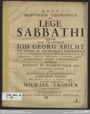 Disputatio Theologica De Lege Sabbathi