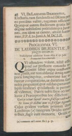 Programma VI. De Laudibus Diligentiae, Ejusque Exemplis