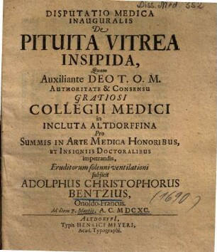 Disputatio Medica Inauguralis De Pituita Viterea Insipida
