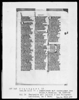 Sammelwerk mit Apokalypse des Heinrich von Hesler & Christherrenchronik — Esra, Nehemia, Esther und Judith, Folio 27recto-51verso — ---, Folio 27recto-51versoInitiale D, Folio 34 recto