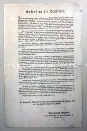 Flugblatt: Aufruf an die Deutschen - Appell des Fürsten Kutusow aus dem Hauptquartier zu Kalisch; Kalisch, 25. März 1813