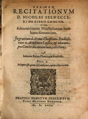 Examen recitationum D. Nicolai Selnecceri de libro concordiae